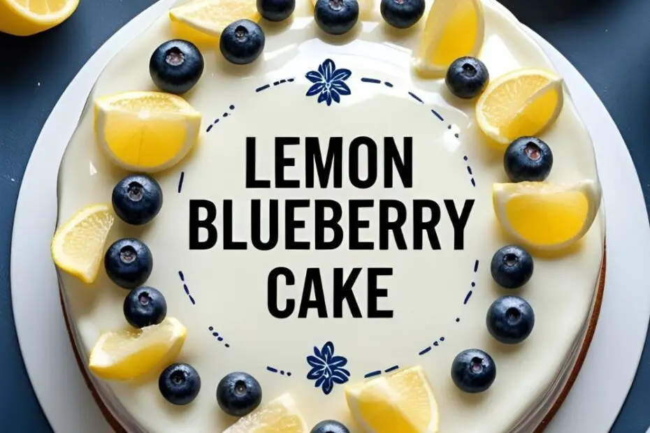 Close-up of glazed lemon blueberry cake with berries on top