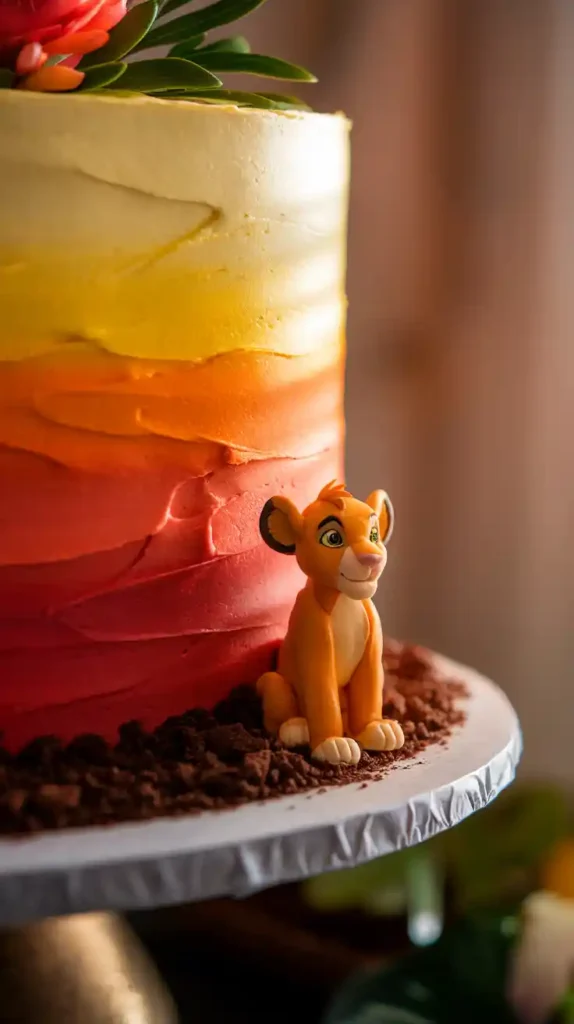 A close-up image of the Lion King cake showcasing the blended sunset buttercream effect and the crushed cookie and figurine details.