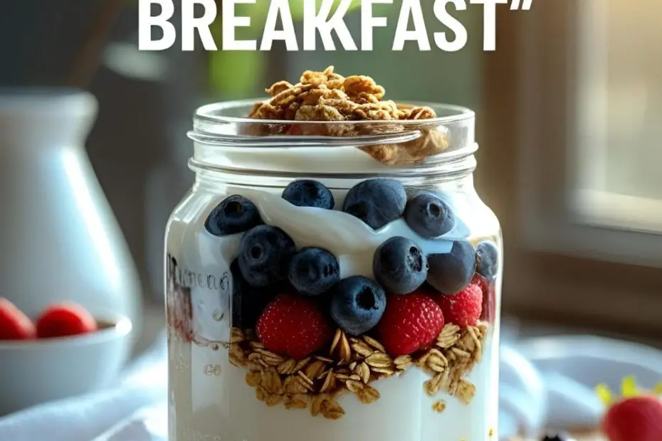 A glass jar filled with layered Greek yogurt, berries, granola and chia seeds.