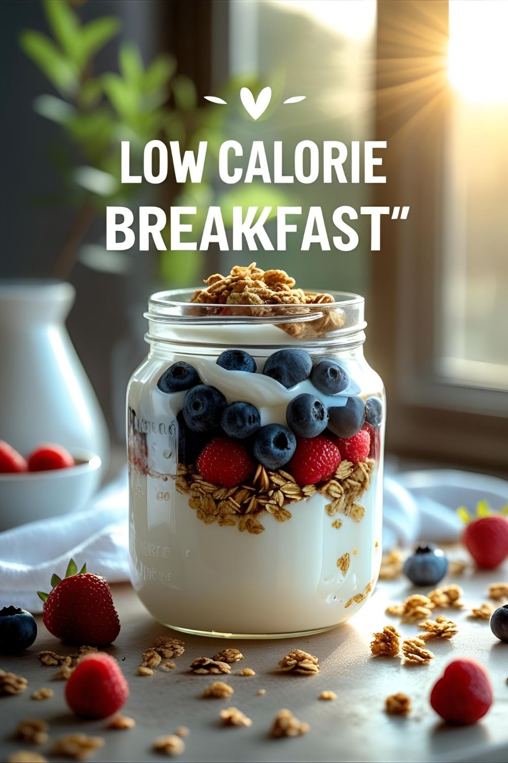 A glass jar filled with layered Greek yogurt, berries, granola and chia seeds.