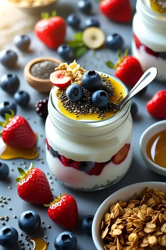 Low calorie breakfast jar with yogurt, fresh berries and granola on a wooden surface.