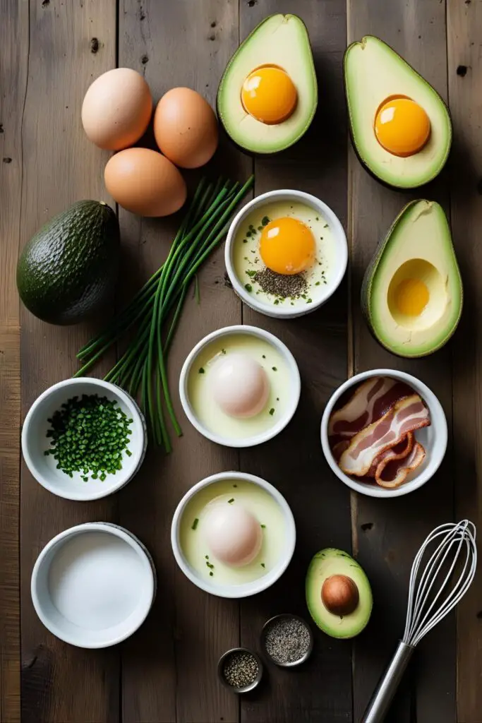 Close-up of baked egg in avocado wrapped in bacon on ceramic plate with herbs and seasoning