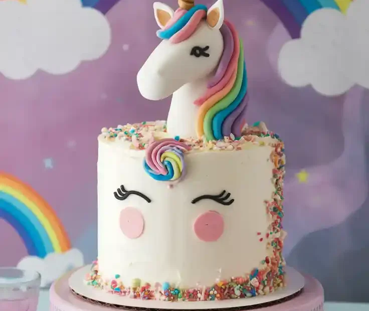 A finished DIY unicorn cake with a golden horn and rainbow buttercream mane. Text overlay reads: "You Can Make This Magic!"