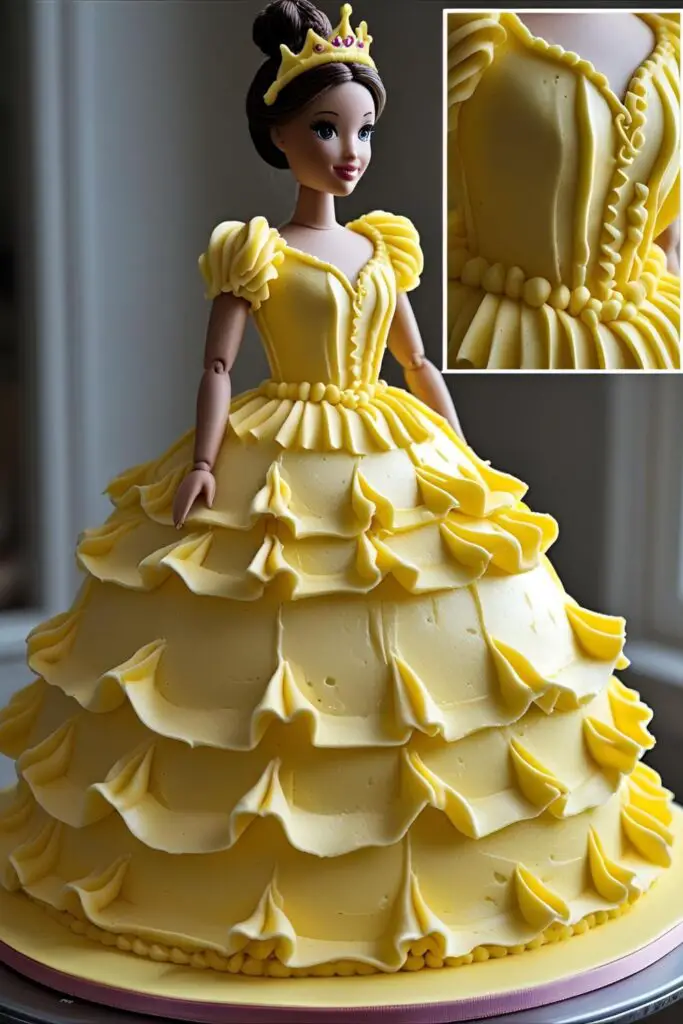 A full view of a yellow princess doll cake, with a close-up inset image focusing on the detailed texture of the piped buttercream ruffles on the dress.