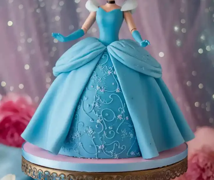 A finished Disney Princess doll cake, with the doll in a blue buttercream gown. Text overlay reads: "A Fairytale You Can Bake".