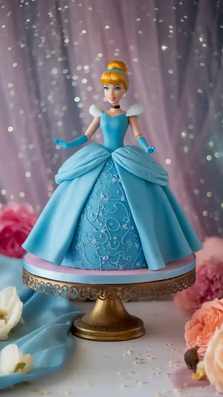 A finished Disney Princess doll cake, with the doll in a blue buttercream gown. Text overlay reads: "A Fairytale You Can Bake".