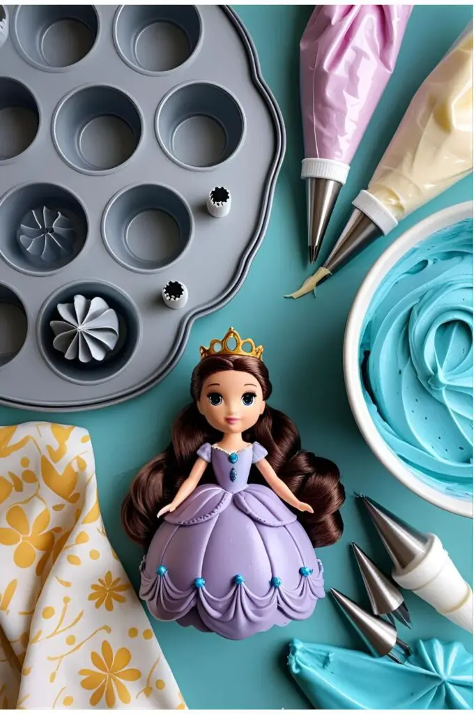 A flat-lay of tools and supplies for a Disney Princess cake, including a dome-shaped pan, a doll, and piping equipment.