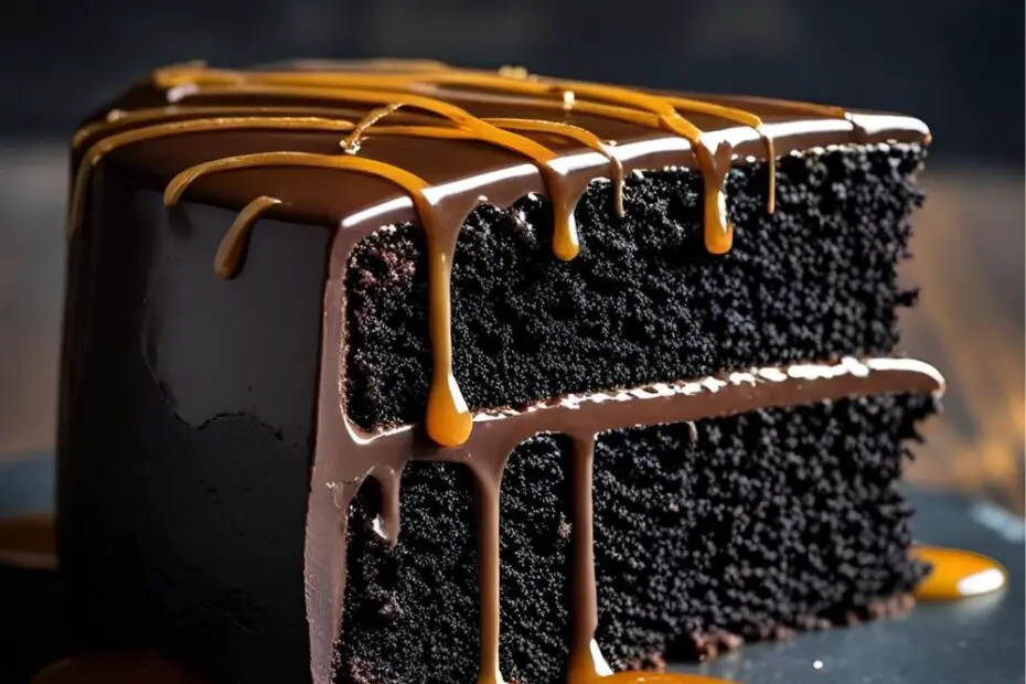 A full chocolate whiskey male birthday cake with ganache drips and salted caramel on a cake stand