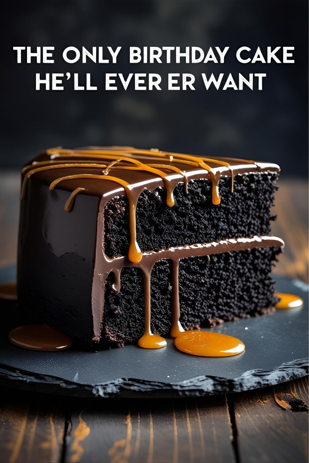 A full chocolate whiskey male birthday cake with ganache drips and salted caramel on a cake stand