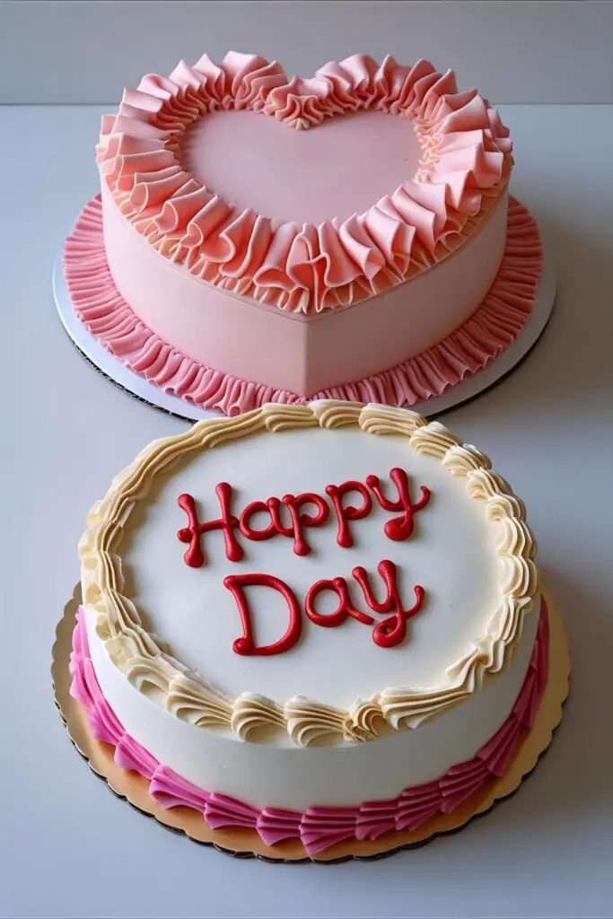 Two examples of the Korean birthday cake aesthetic: one vintage heart-shaped cake and one minimalist round cake with piped text.