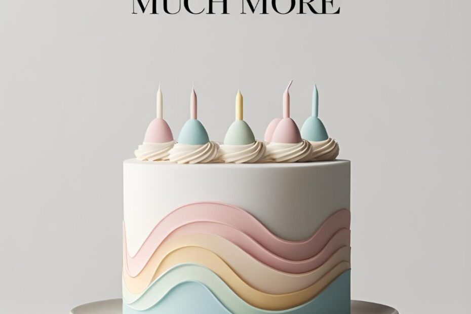 A minimalist Korean birthday cake with pastel frosting swoops. Text overlay reads: "Less is So Much More".