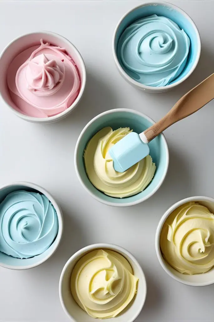 A flat-lay photo showing several bowls of pastel-colored Swiss Meringue Buttercream, embodying the Korean cake aesthetic.