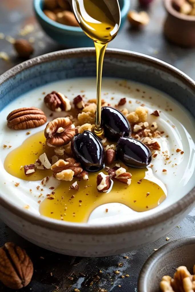 Stylish breakfast bowl of yogurt topped with nuts, olives, and honey drizzle