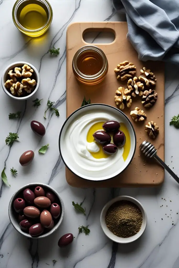 Close-up of yogurt bowl with nuts, olives and a drizzle of olive oil