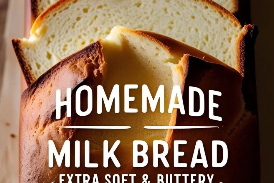 Sliced milk bread loaf showing soft crumb texture next to buttery glaze.