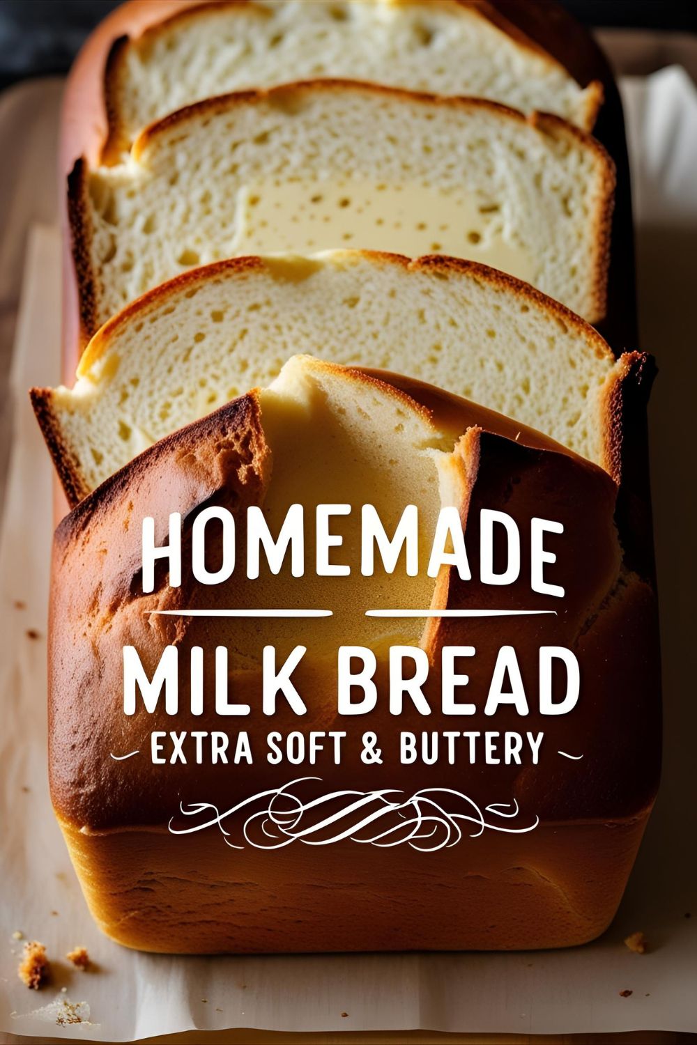 Sliced milk bread loaf showing soft crumb texture next to buttery glaze.