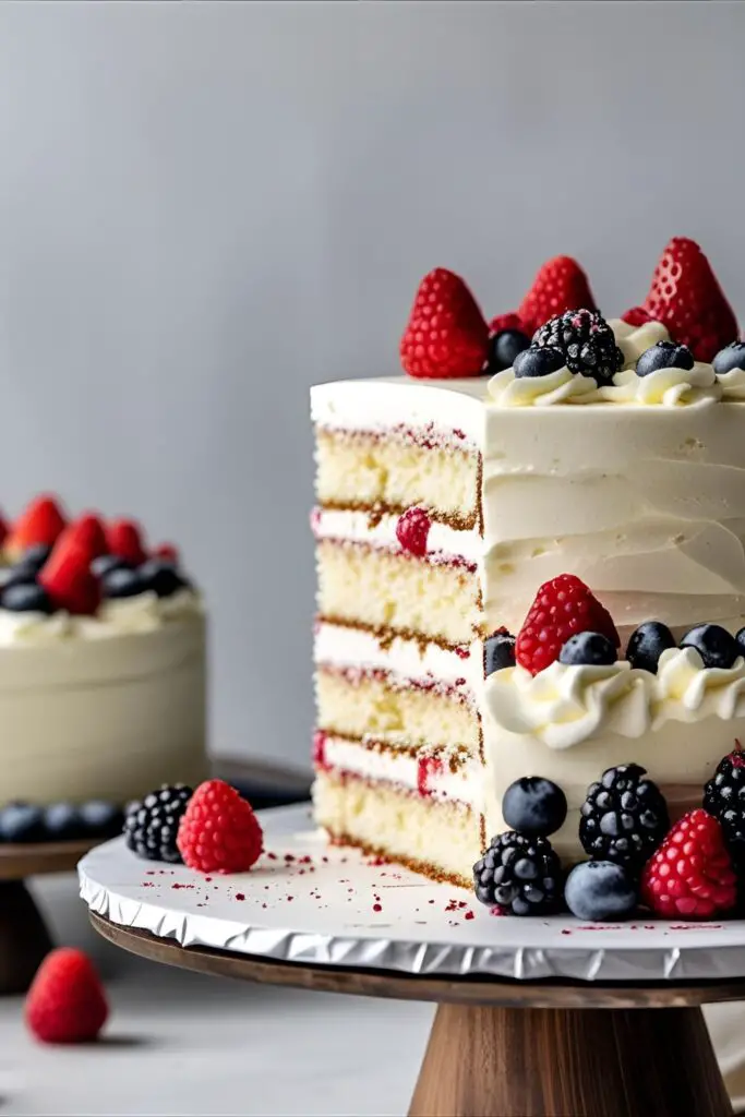 Top view of minimalist birthday cake with berries and mint garnish