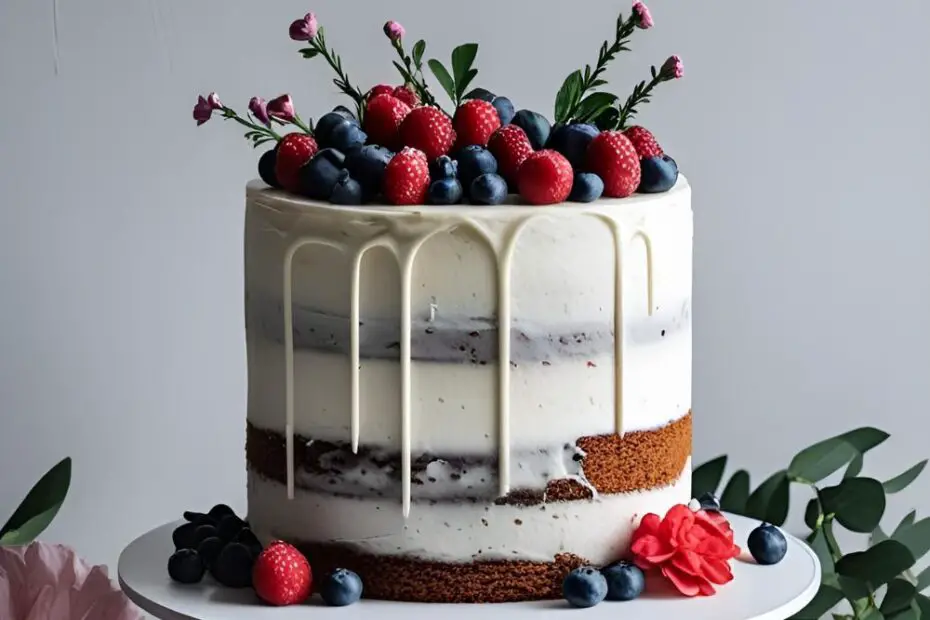 Minimalist birthday cake with whipped cream frosting and fresh berries