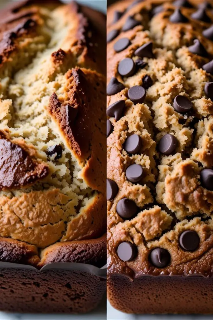 Two versions of banana bread—plain and chocolate chip—on wooden board.