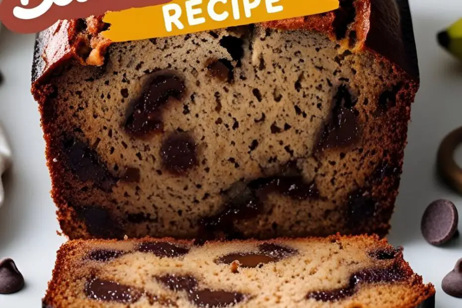 Moist banana bread slice with chocolate chips on cooling rack.