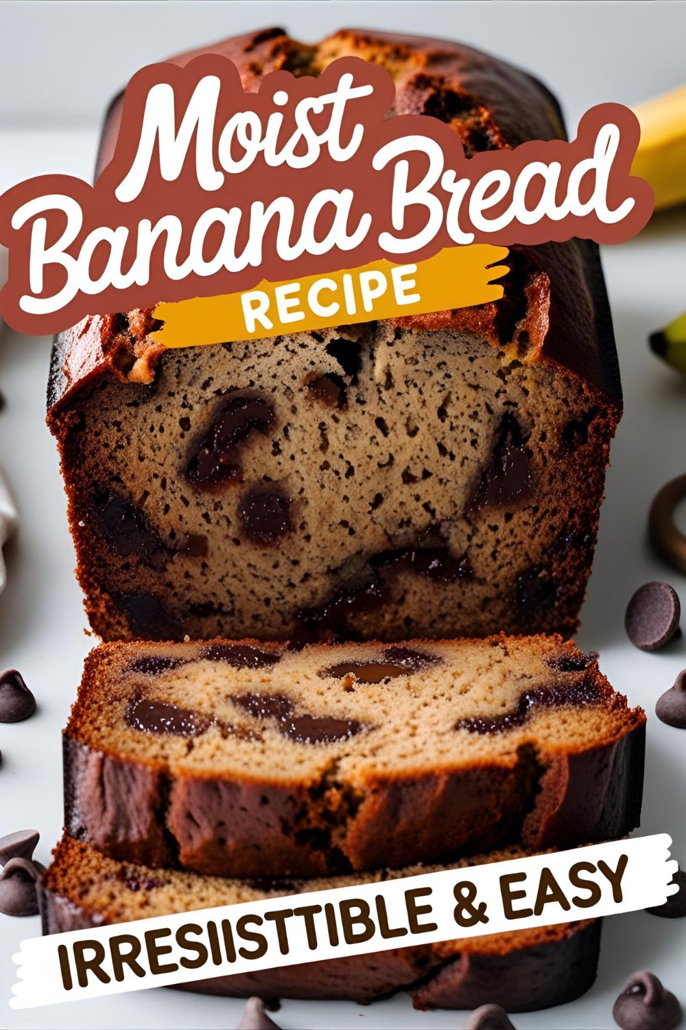 Moist banana bread slice with chocolate chips on cooling rack.