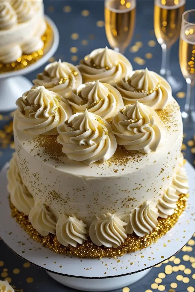 Festive Vanilla Cake with Rosette Frosting and Gold Toppers