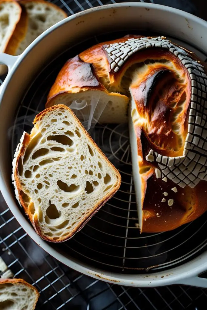 Close-up of rustic no knead bread slice with airy crumb