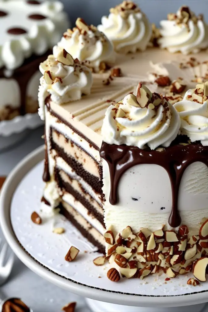 Side view of ice cream cake with whipped cream and fudge drizzle
