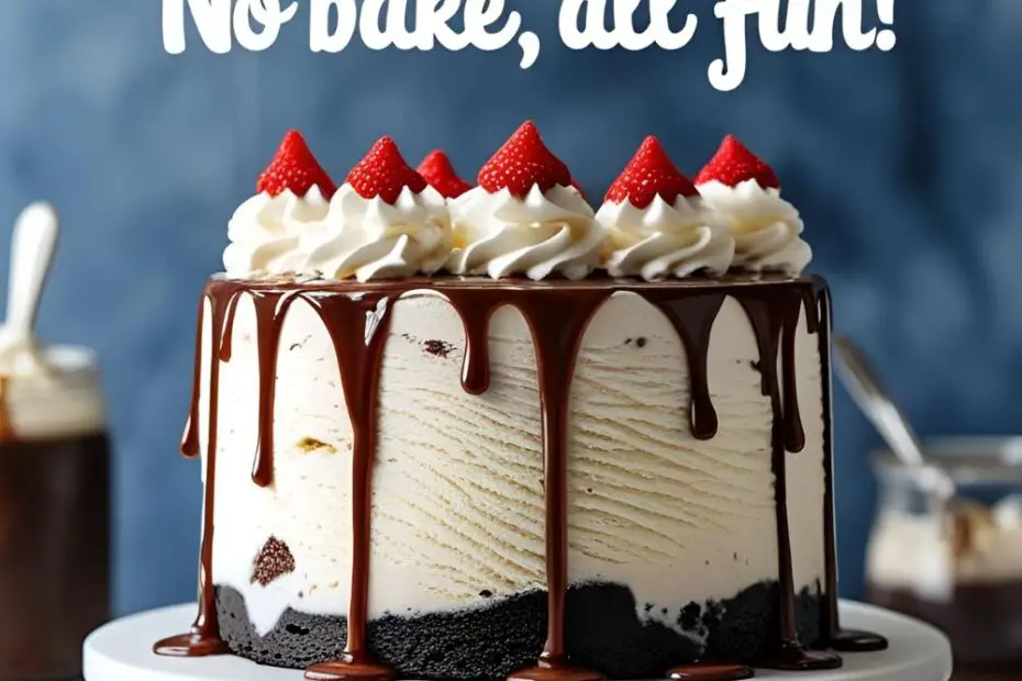 No-bake ice cream cake with fudge drizzle on stand