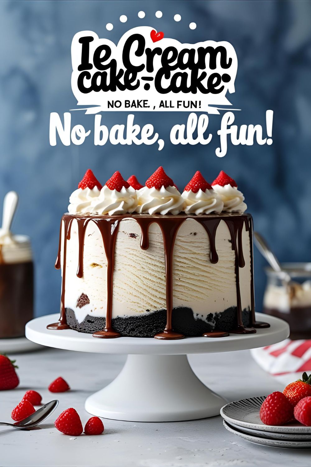 No-bake ice cream cake with fudge drizzle on stand