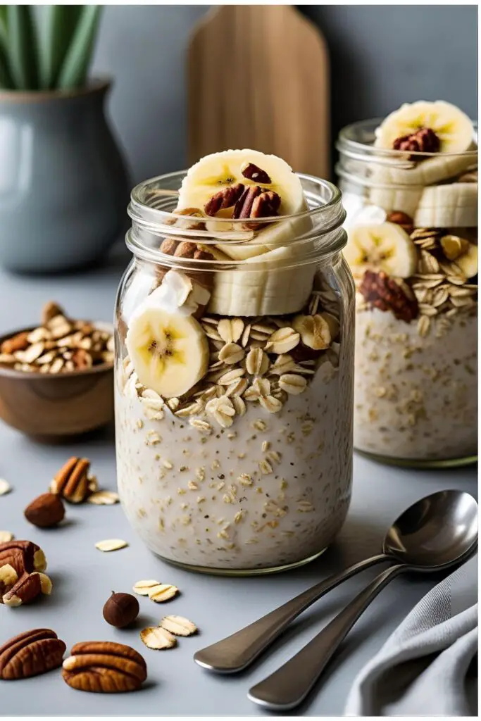 Two mason jars filled with oat mixture topped with banana and nuts on a wooden board