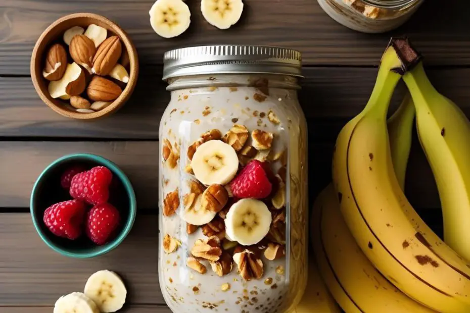 Banana nut oat breakfast jar with nuts and banana slices on top