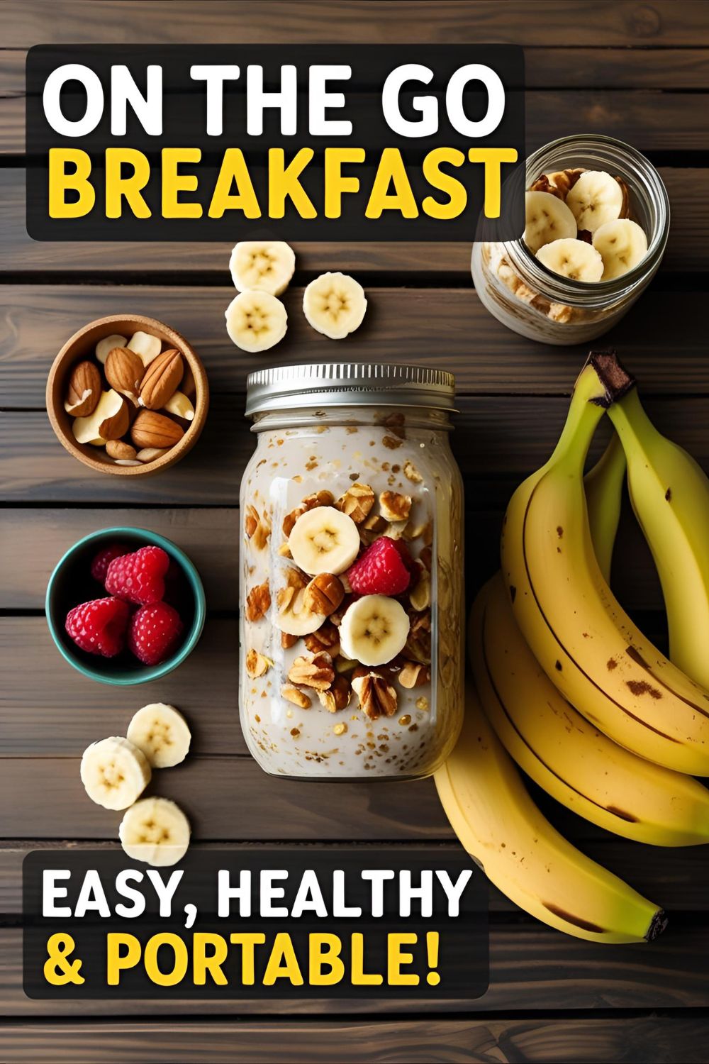 Banana nut oat breakfast jar with nuts and banana slices on top