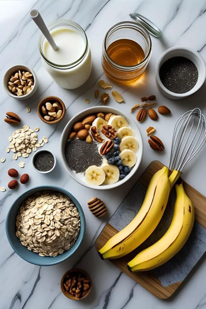 Close-up of breakfast jar showing creamy oats and banana-nut topping