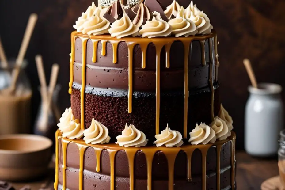 Two-layer chocolate cake dripping with salted caramel frosting
