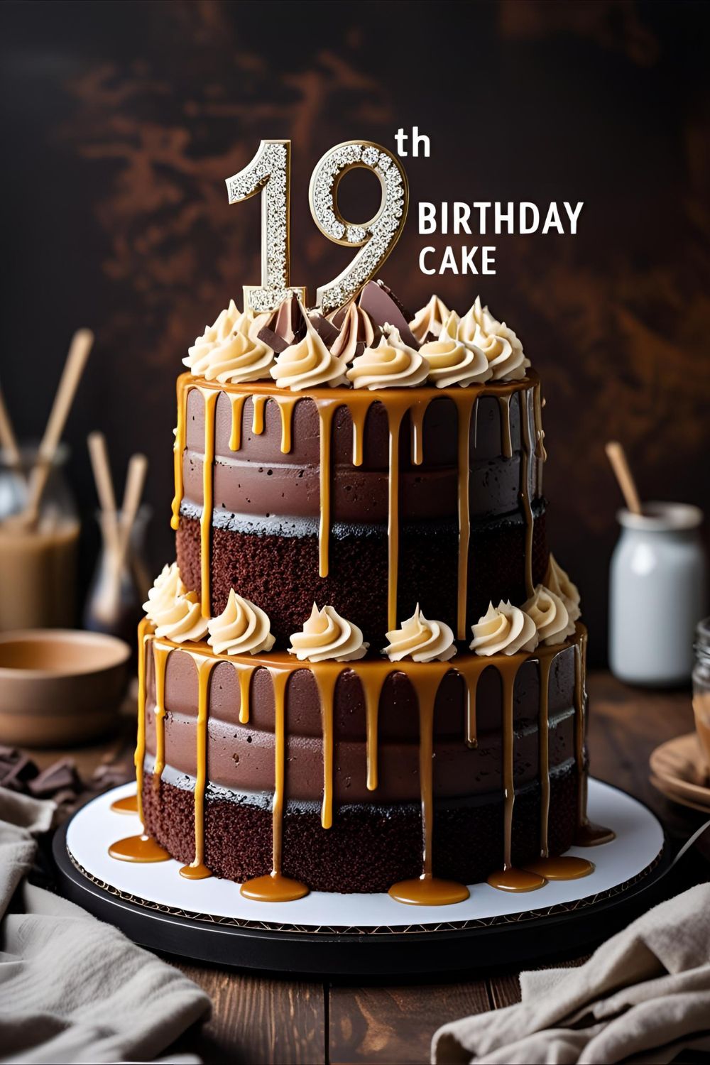 Two-layer chocolate cake dripping with salted caramel frosting
