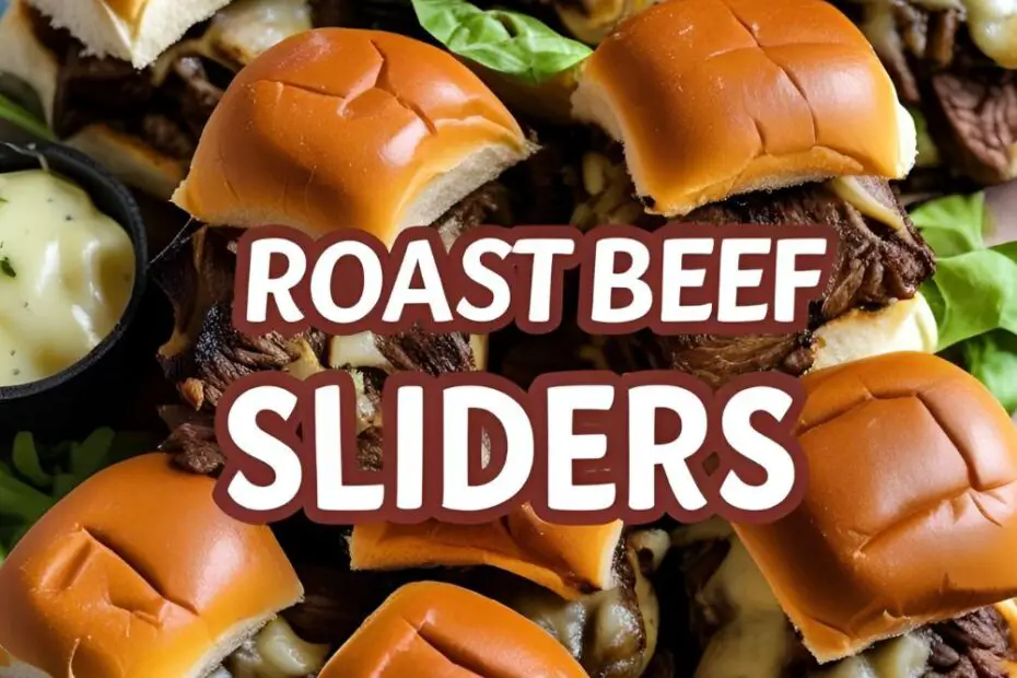 Row of melty roast beef sliders on a wooden board with dipping sauce
