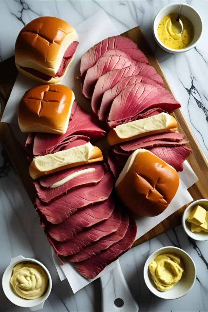Close-up of slider atop wooden board with melted cheese and beef
