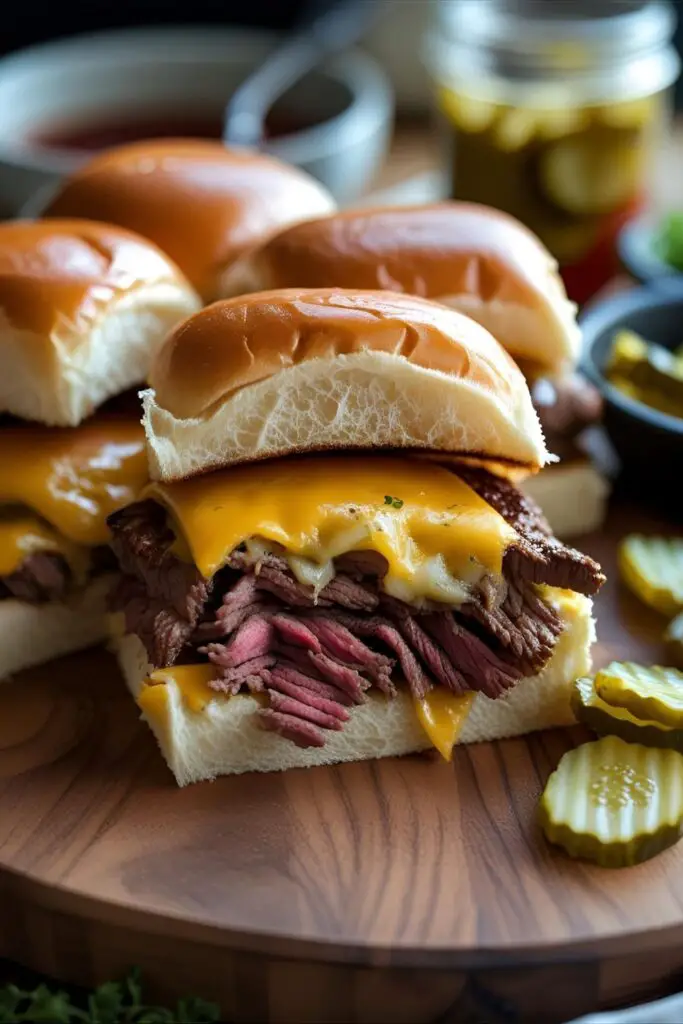 Gooey roast beef slider pulled apart showing cheese and beef layers