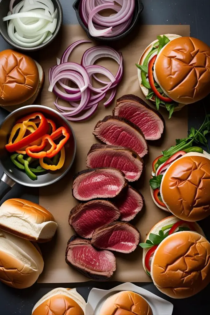 Stack of Philly cheese steak sliders on a baking tray