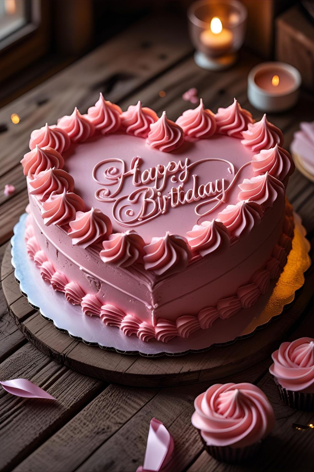 Pink Heart Cake with Frosting and Toppers