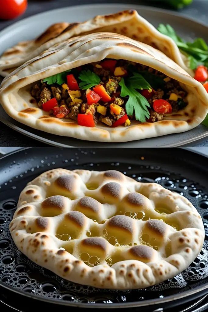 Close-up of a puffy pita pocket split open, showing the airy interior