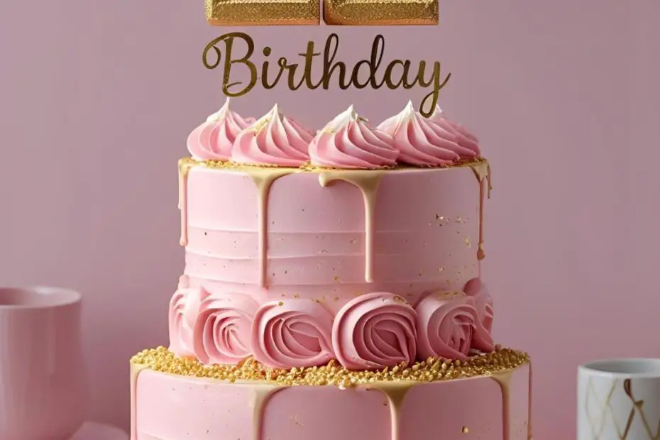 Pastel pink cake with rosettes and gold sprinkles