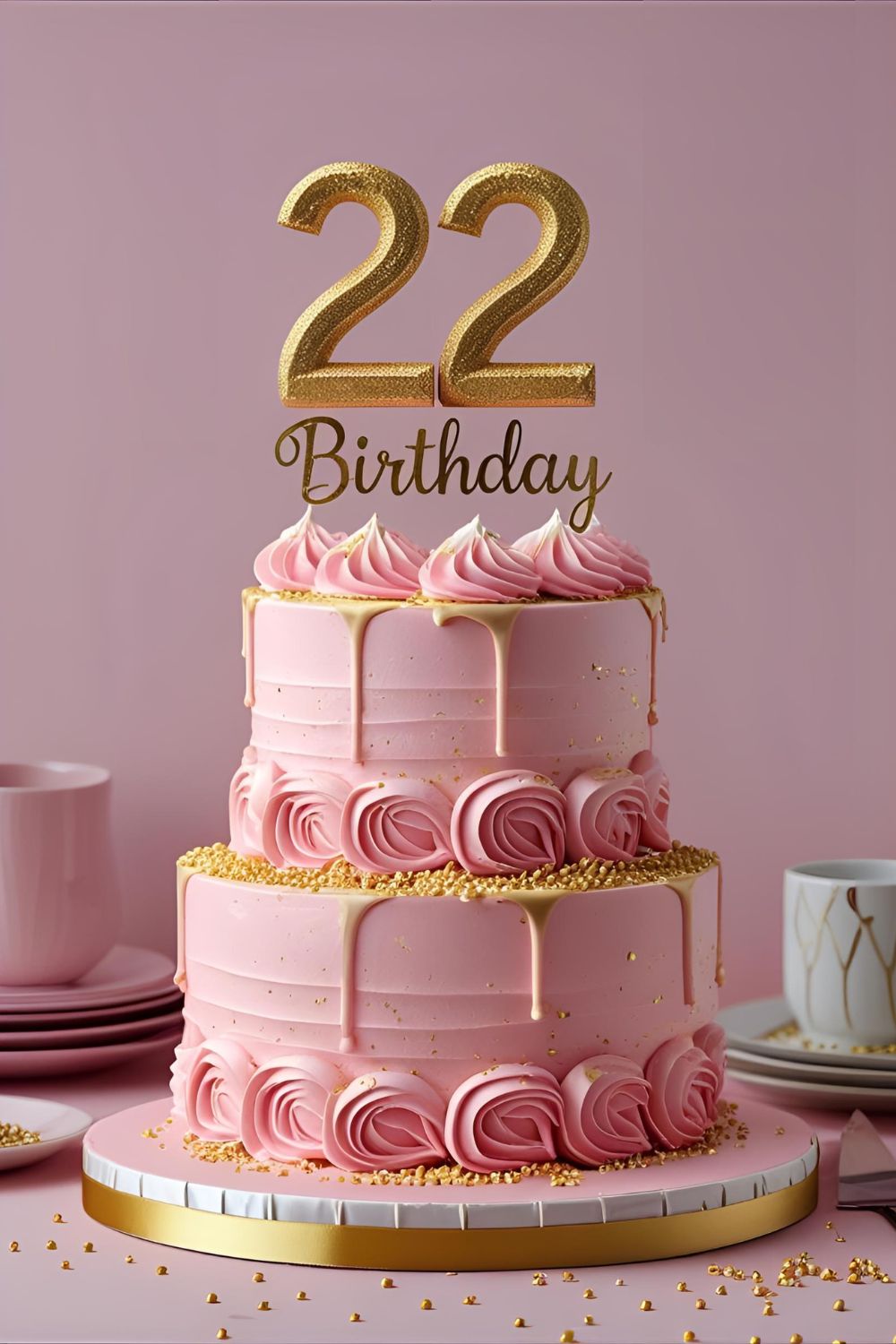 Pastel pink cake with rosettes and gold sprinkles