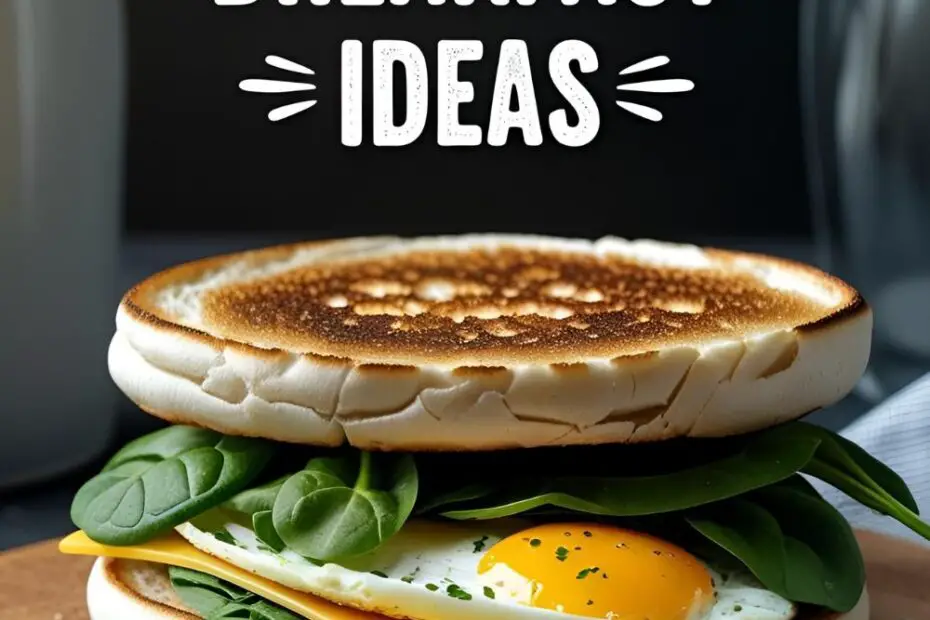Egg and cheese English muffin sandwich with spinach on a wooden cutting board.