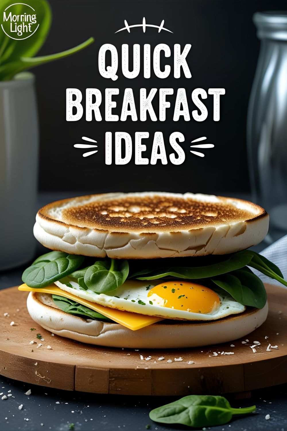 Egg and cheese English muffin sandwich with spinach on a wooden cutting board.