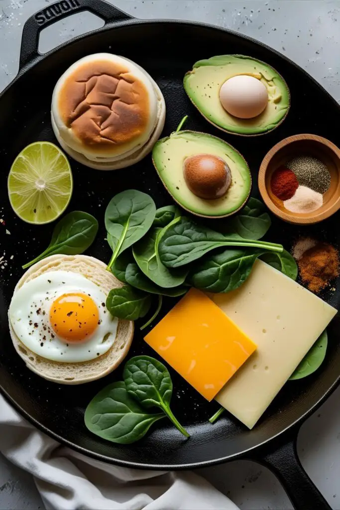 Trio of quick breakfasts: yogurt parfait, smoothie bowl, and egg sandwich on kitchen counter.
