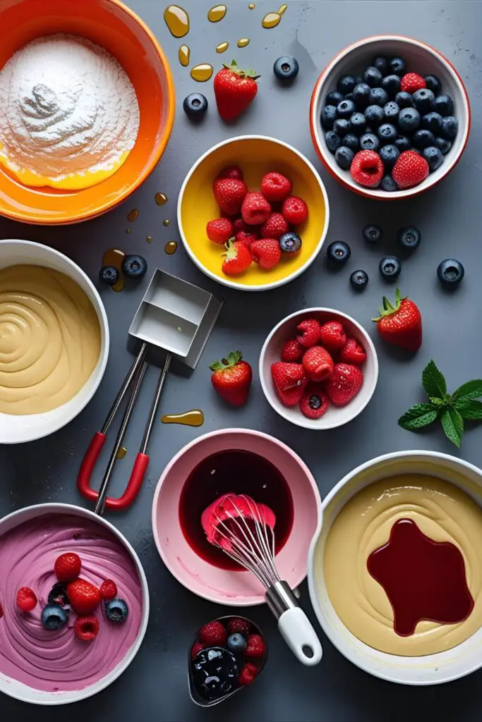 Rainbow mini pancakes served with berries and syrup