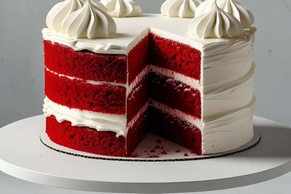 A collage of ingredients for making a red heart cake, including red batter, white frosting, and a heart pan.