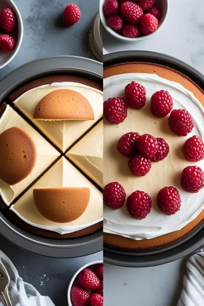 Two images showing how to assemble a heart cake without a pan and a close-up of the finished decorated cake.